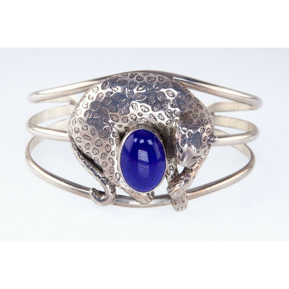 Designer Carol Felley Lapis Lazuli Spotted Leopard Cuff Bracelet